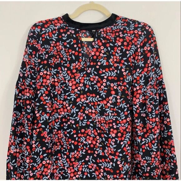 Loft Size S Long Sleeve Shift Dress Red Berry Floral Velvet Trim Cutout Fall - Picture 5 of 14